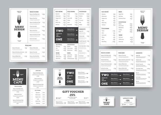 Vecteur ensemble de menus pour cafés et restaurants dans le style blanc classique avec division en blocs