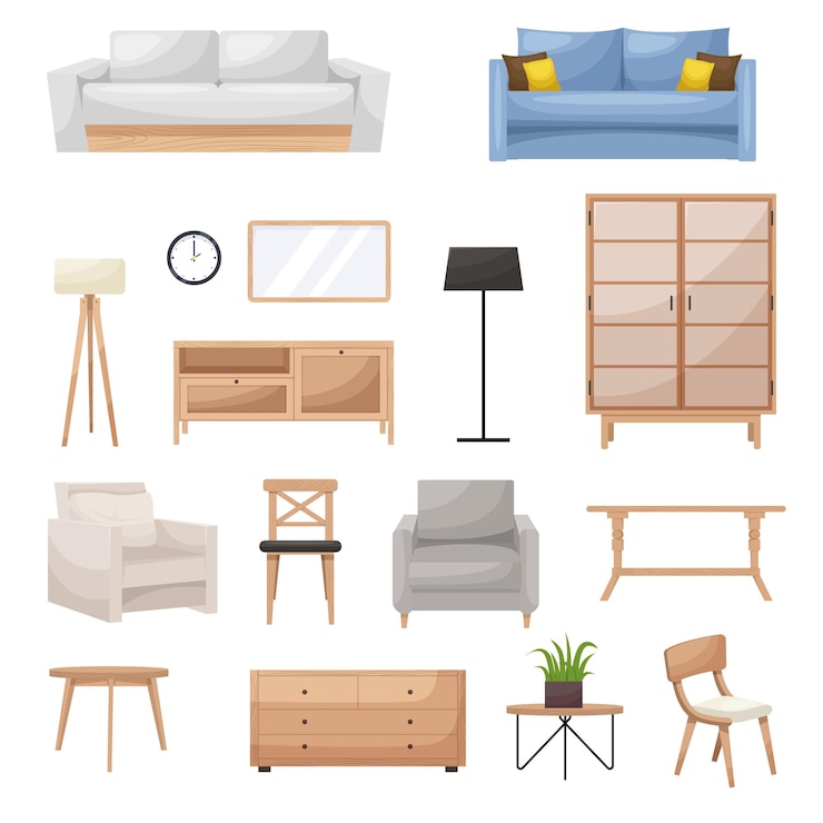 Vecteur ensemble de meubles collection d'articles d'intérieur pour un mobilier tendance d'architecte d'intérieur isolé et confortable