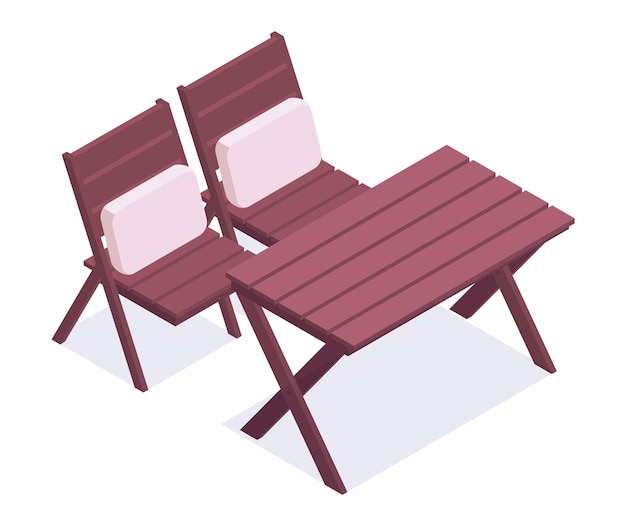 Vecteur ensemble de meubles de jardin chaises de jardin isométriques et table mobilier de jardin ou de terrasse confortable illustration vectorielle 3d