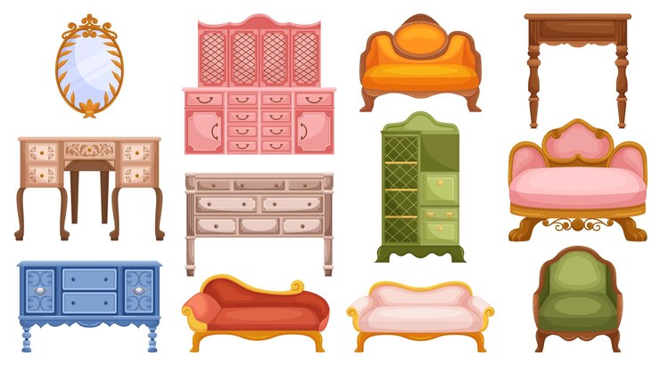 Vecteur ensemble de meubles vintage élégant comprenant des boiseries complexes et un design intemporel, une commode de bureau, des fauteuils et un canapé, parfaits pour un décor nostalgique dans un style victorien, illustration vectorielle de dessin animé