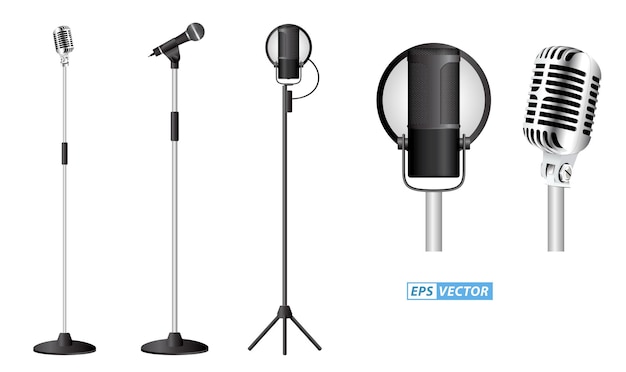 Vecteur ensemble de micro de microphone réaliste debout sur le podium concept de micro classique défini vecteur eps