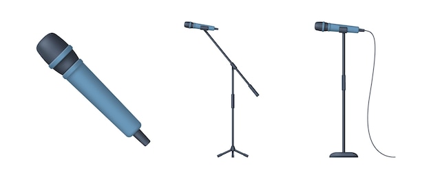 Ensemble de microphones 3d vocaux bleus isolés sur fond blanc