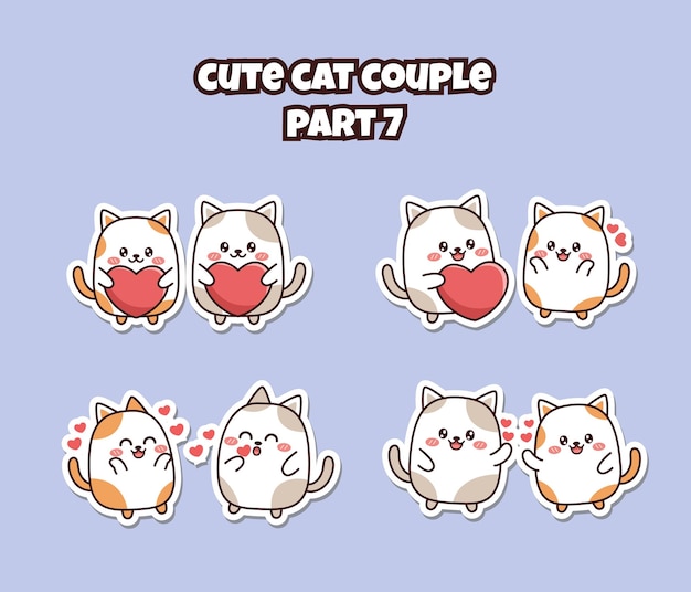 Ensemble De Mignon Couple Kawaii Petit Chat Pour Emoji Autocollant De Médias Sociaux Tombant Amoureux émoticône