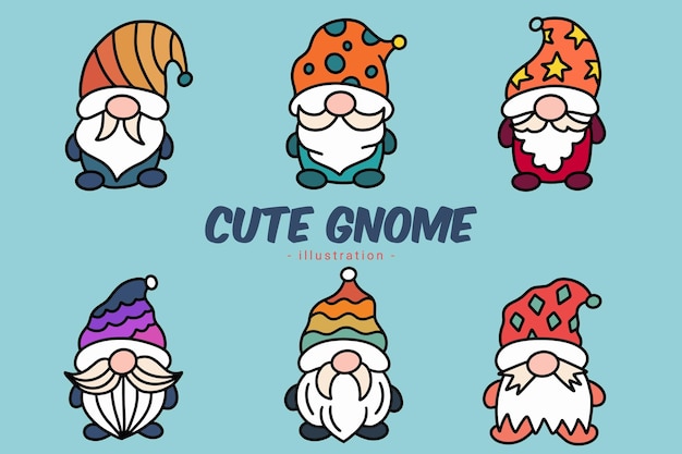 Ensemble De Mignon Gnome Elf Main Dessiner Cartoon Doodle Clipart Collection