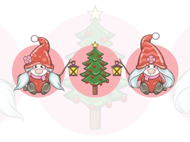 Ensemble, De, Mignon, Gnome, Girl, Tenue, Lanterne Solaire, Et, Arbre Noël - Noël, Illustration