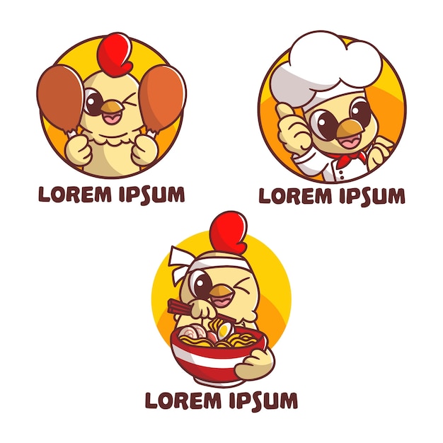 Ensemble De Mignon Mascotte De Poulet Logo Chef Ramen Cartoon