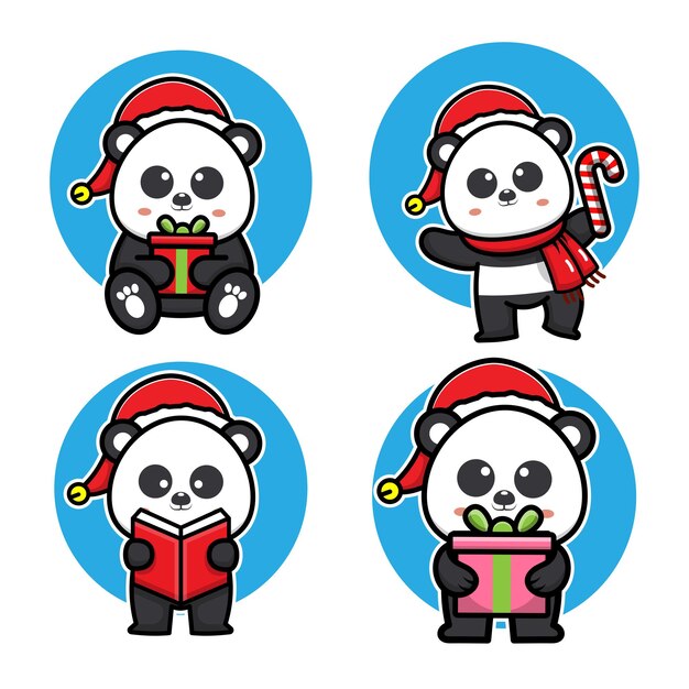 Ensemble Mignon Panda Célébrant L'illustration Vectorielle De Noël