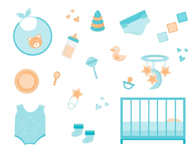 Vecteur ensemble mignon sur le thème du nouveau-né soins pour bébés alimentation vêtements jouets accessoires poster