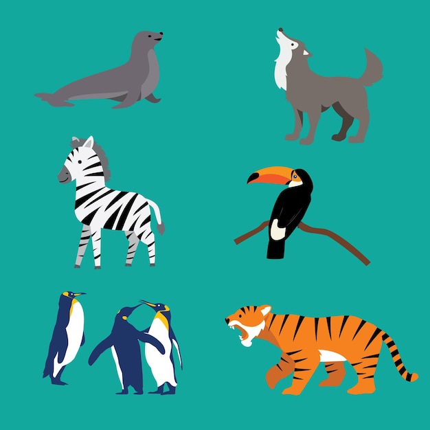 Ensemble Mignon De Tigre, Toucan, Zèbre, Loup, Pingouin Et Phoques Animal Avec Un Style Plat De Dessin Animé
