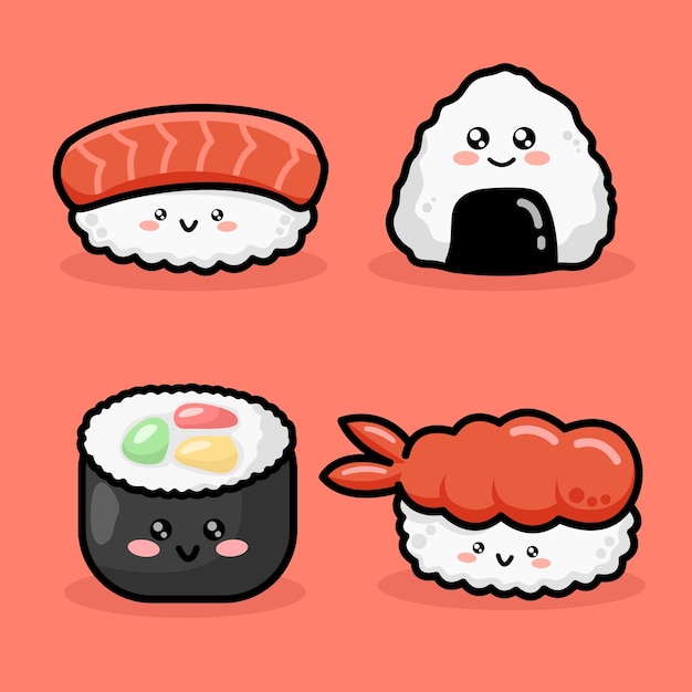 Vecteur un ensemble de mignons aliments asiatiques alimentés par vecteurs onigiri sushi rouleaux illustration vectorielle