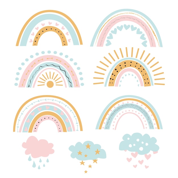 Vecteur un ensemble de mignons arcs-en-ciel vectoriels dans des nuances pastel nuages avec des étoiles cœurs gouttes de pluie