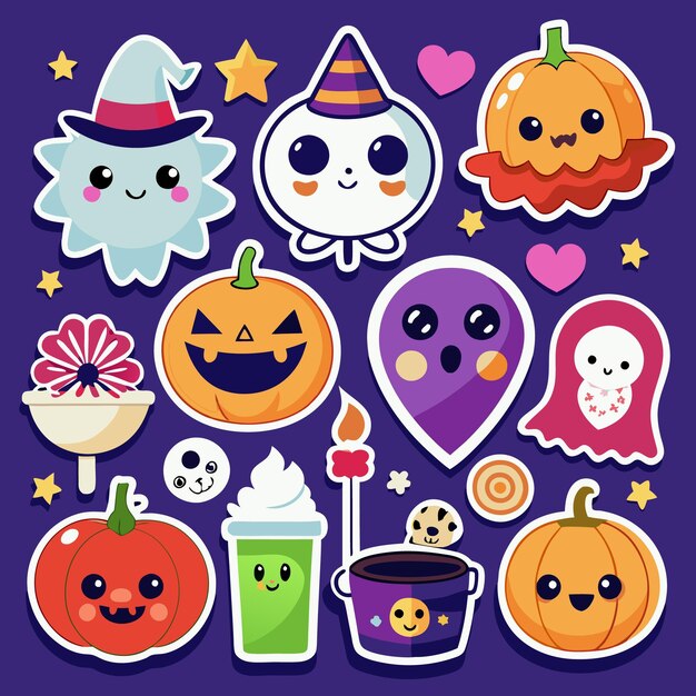 Un ensemble de mignons autocollants d'Halloween avec un fantôme de citrouille et une sorcière