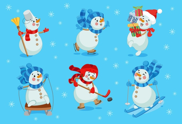 Ensemble de mignons bonhommes de neige de Noël en chapeaux écharpes Personnages mignons sports d'hiver