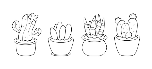 Ensemble De Mignons Cactus Et Plantes D'intérieur Collection De Plantes En Pot Et De Cactus Dans Un Style De Dessin Linéaire Noir Illustration Vectorielle Isolée Sur Fond Blanc