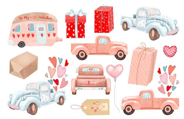 Ensemble de mignons coffrets cadeaux de camions de la Saint-Valentin et coeurs clipart de la Saint-Valentin