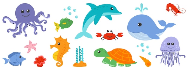Un ensemble de mignons coquillages de baleines, de poulpes, de coraux et de méduses dessinés à la main dans un style de dessin animé