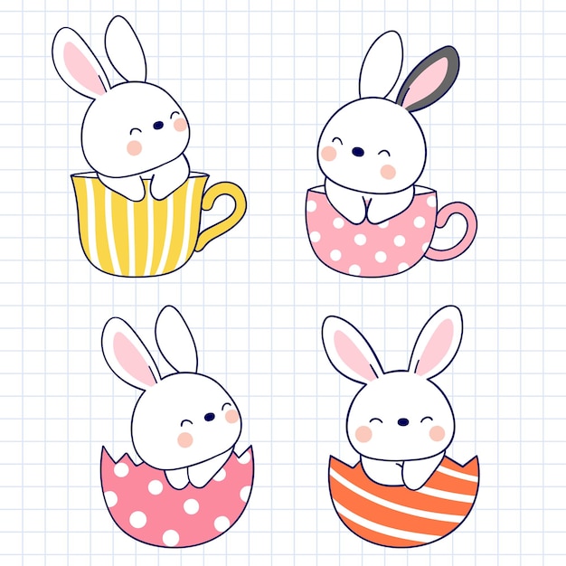 Ensemble de mignons lapins de Pâques en tasse Illustration vectorielle