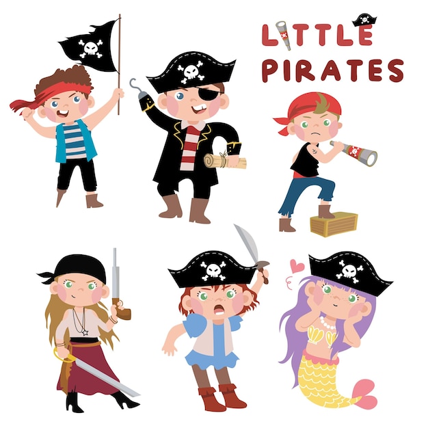 Ensemble De Mignons Petits Pirates Sur Fond Blanc Pour Les œuvres D'art De Mode Pour Enfants, Livres Pour Enfants, Anniversaire J'ai