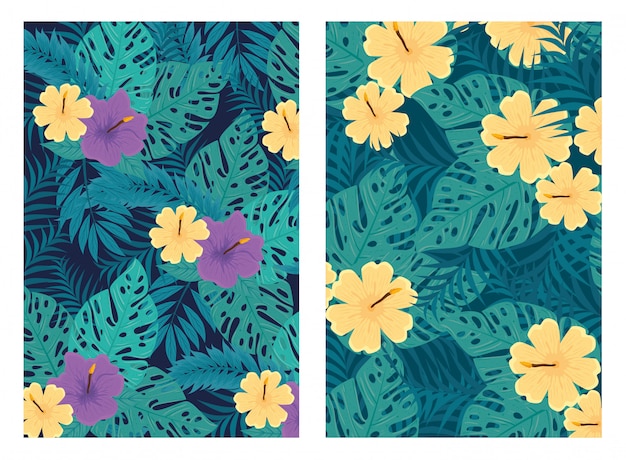 Ensemble De Milieux Tropicaux, Fleurs Pourpres Et Couleurs Jaunes Avec Des Plantes Tropicales, Décoration Avec Fleurs Et Feuilles Tropicales