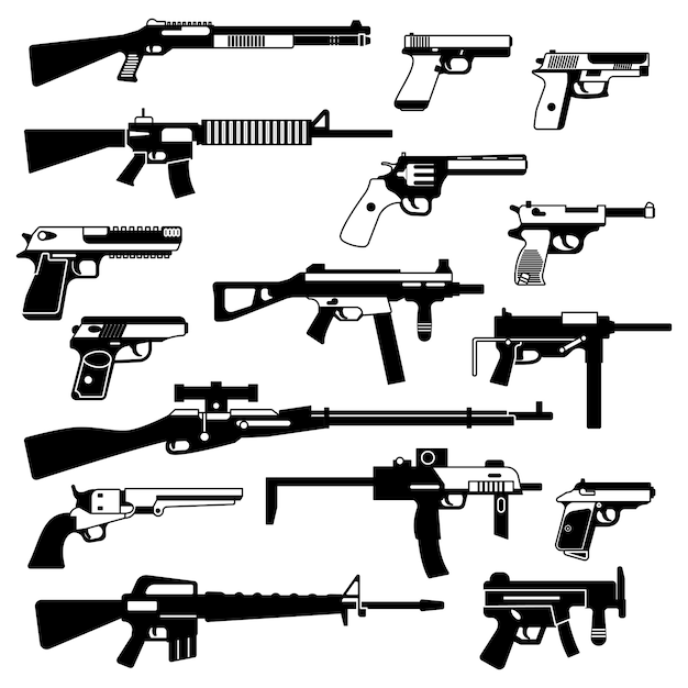 Ensemble militaire d&#39;armes automatiques, pistolets et autres armes. Illustrations monochromes isoler