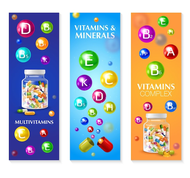 Ensemble Minéral De Vitamines 3d Réaliste De Trois Bannières Verticales Avec Des Pilules De Bulles Colorées Et Du Texte Modifiable