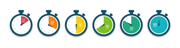 Ensemble De Minuterie. Icônes Du Chronomètre. Compte à Rebours 10,20,30,40,50,60 Minutes. Vecteur