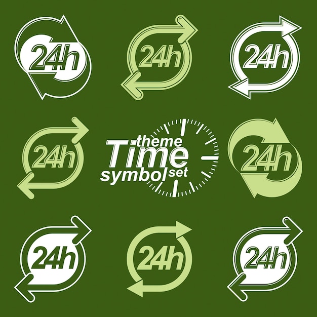 Vecteur ensemble de minuteries graphiques web vectorielles 24 heures, pictogrammes d'inversion à plat 24 heures sur 24. icône d'interface jour et nuit. collection d'illustrations de gestion du temps d'affaires.