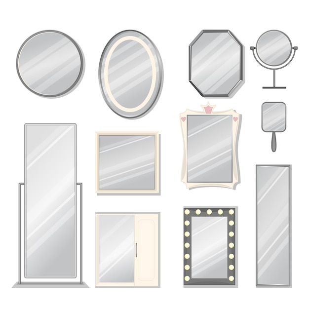 Vecteur ensemble de miroirs vectoriels de différents modèles. surface de miroir réfléchissante dans un cadre argenté, bébé, dessus de table, miroirs de bain. décoration d'intérieur, illustration vectorielle