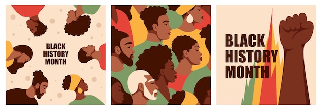 Vecteur un ensemble de mises en page avec des afro-américains, des hommes et des femmes noirs fistblack history month cartoon fla