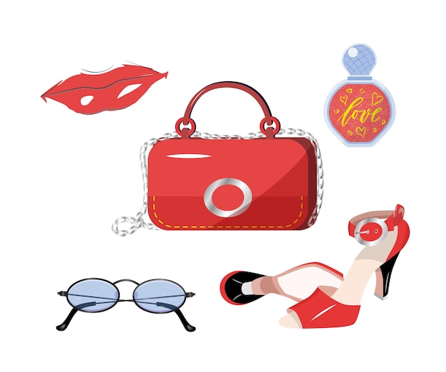 Vecteur ensemble de mode de chaussures sac parfum yeux lunettes lèvres tendance glamour mode illustration kit vogue