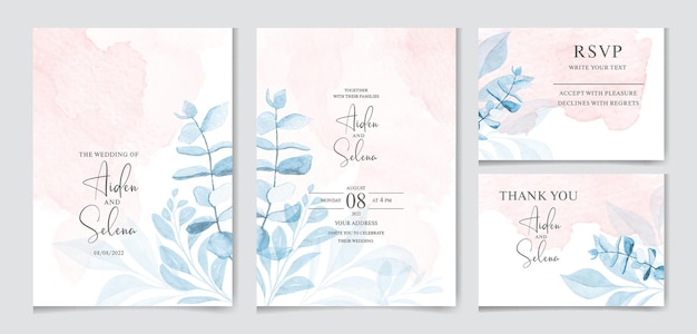 Ensemble De Modèle De Carte D'invitation De Mariage Aquarelle Avec Splash Et Feuilles