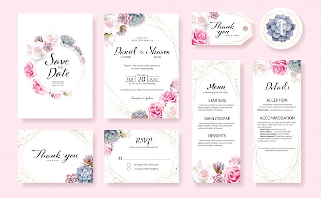 Ensemble De Modèle De Carte D'invitation De Mariage. Fleur Rose, Plantes Succulentes.