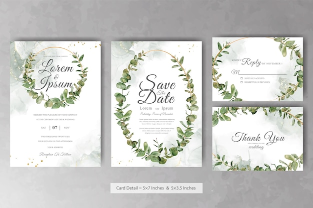 Ensemble de modèle de carte d'invitation de mariage guirlande florale aquarelle verdure