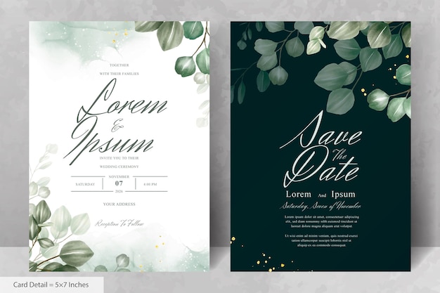 Vecteur ensemble de modèle de carte d'invitation de mariage minimaliste avec arrangement d'eucalyptus de verdure