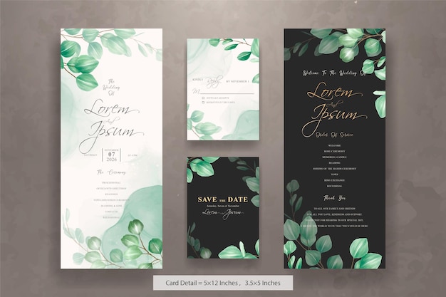 Vecteur ensemble de modèle de carte d'invitation de mariage de verdure avec des feuilles d'eucalyptus