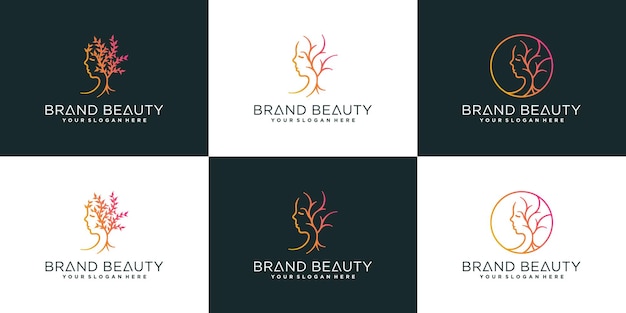 Ensemble De Modèle De Conception De Logo De Beauté Femme Avec Le Concept D'art De Ligne Créative Vecteur Premium