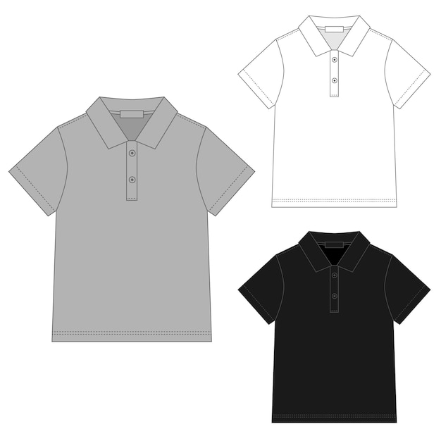 Vecteur ensemble de modèle de conception de t-shirt polo. t-shirt polo unisexe croquis technique. couleurs blanc, gris et noir. illustration vectorielle avant et arrière