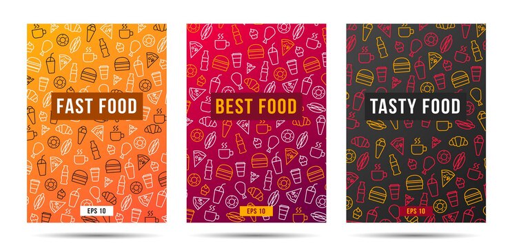 Ensemble de modèle de couverture de brochure ou de dépliant avec motif de restauration rapide et de boissons en trois options
