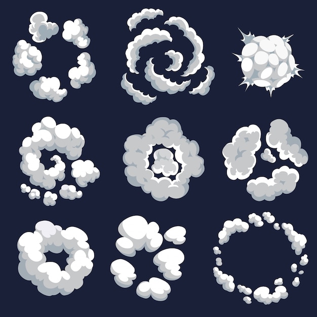 Ensemble de modèle de dessin animé de nuages de fumée. Une explosion de bombe. Bouffée de brouillard comique. Éléments de nuages de vapeur, de vapeurs aqueuses ou d'explosions de poussières