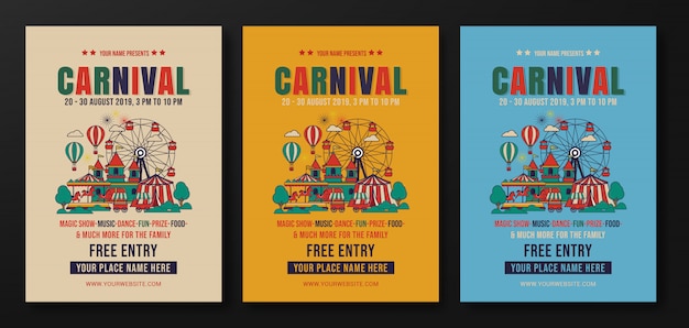 Ensemble De Modèle De Flyer Fête Carnaval, Design Plat Rétro