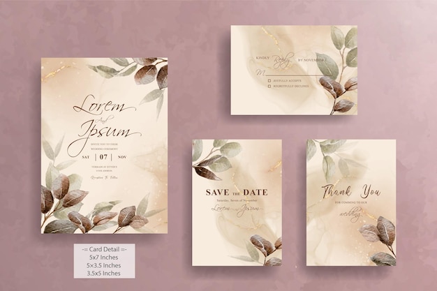 Ensemble De Modèle D'invitation De Mariage Aquarelle Verdure Avec Des Feuilles Dessinées à La Main