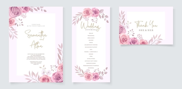 Ensemble De Modèle D'invitation De Mariage Avec Une Belle Conception De Roses épanouies Rose Tendre