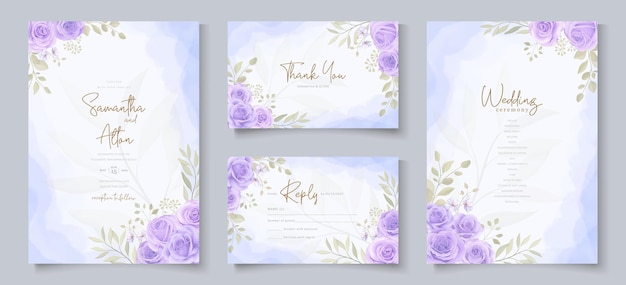 Ensemble De Modèle D'invitation De Mariage Avec Une Belle Conception De Roses En Fleurs Violettes