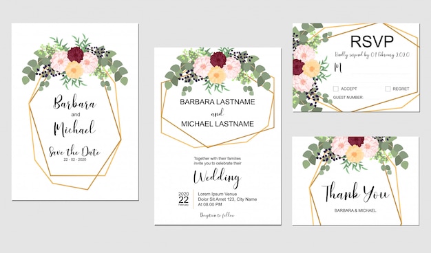 Ensemble De Modèle D'invitation De Mariage Avec Bouquet De Fleurs Et Cadre Doré