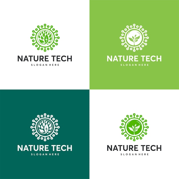 Vecteur ensemble de modèle de logo nature tech, concept de logo green technology, logo growth technology