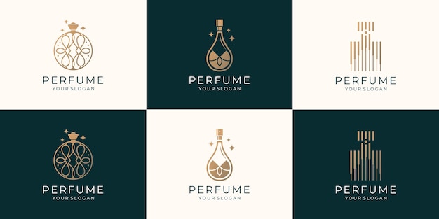 Vecteur ensemble de modèle de logo de parfum de bouteille de luxe. logo pour cosmétique, beauté, salon, produit, soins de la peau.