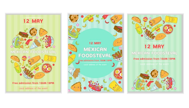 Ensemble De Modèle De Menu De Restauration Rapide Mexicain Avec De La Nourriture Kawaii Dans Un Style De Doodle De Dessin Animé Affiche Pour La Foire Alimentaire Et Le Fisteval