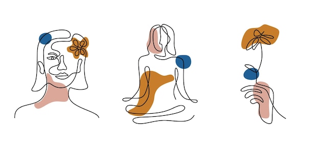 Ensemble De Modèle De Papier Peint De Style Art Continu D'une Ligne De Visage De Femme Avec Des Visages Féminins Tenant Une Fleur Et Une Pose De Yoga Dans Un Style Linéaire Simple Moderne Design Minimaliste Illustration Vectorielle