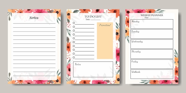 Ensemble de modèle de planificateur de fleurs colorées aquarelle