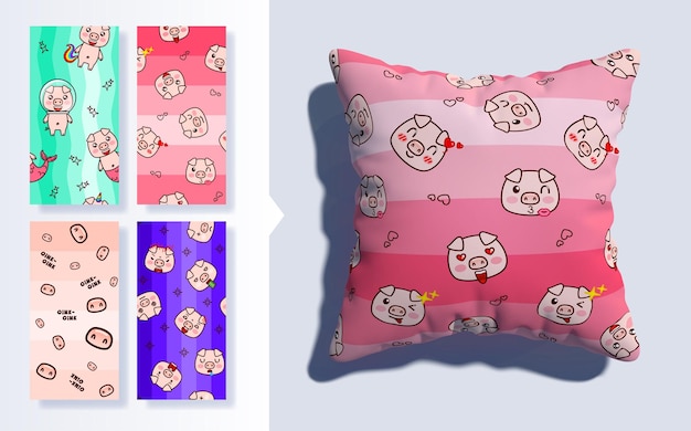 Vecteur ensemble de modèle sans couture kawaii avec des cochons mignons et oreiller 3d